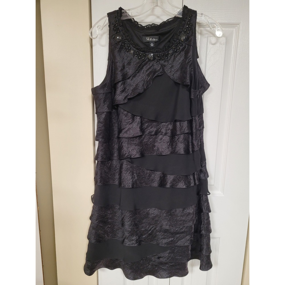 SL Fashions Womens Y2K Black Tiered Ruffle Beads Neckline Cocktail Dress Size 14